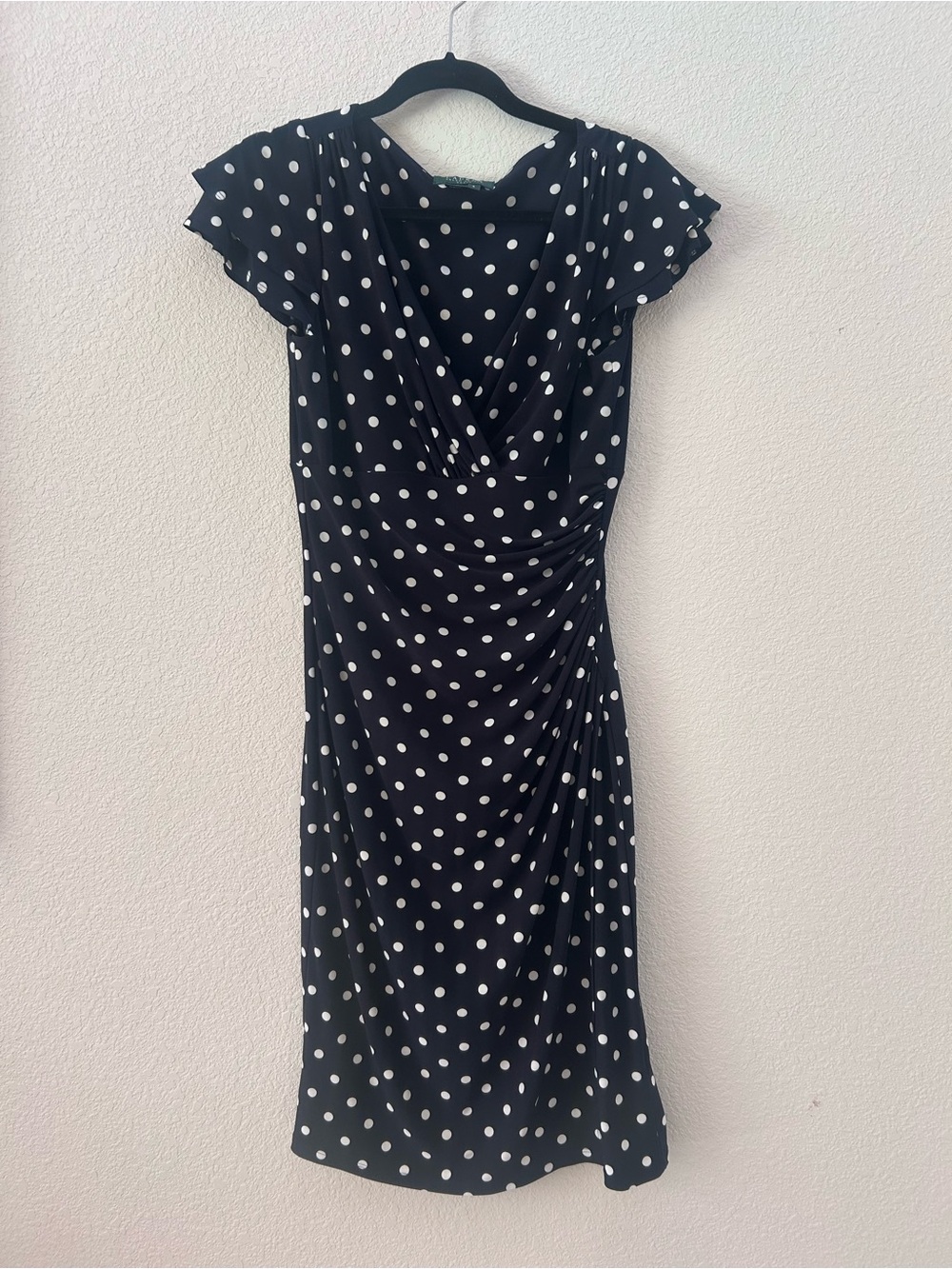 Lauren Ralph Lauren Navy and White Polka Dot Short Sleeve Wrap Midi Dress Size 8